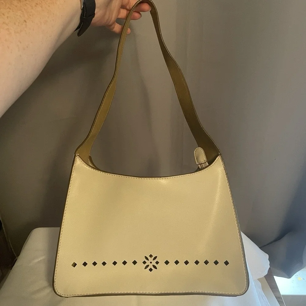 Mondani New York Ivory White Vegan Leather Laser Cut Hobo Bag Purse Shoulder Bag